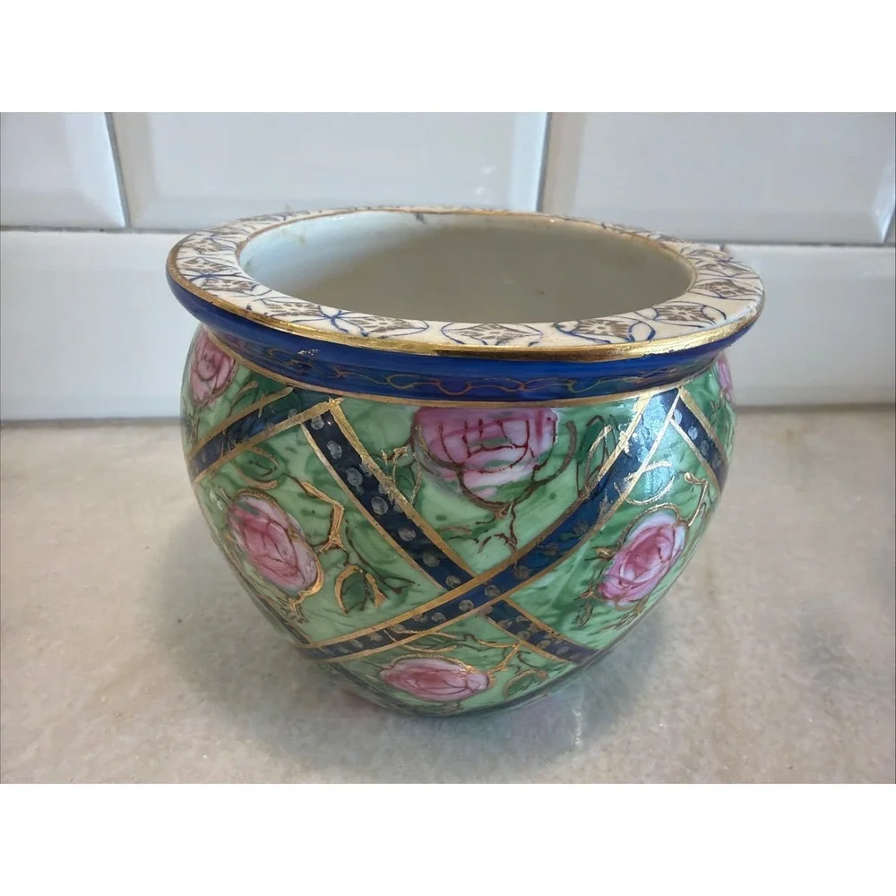 Lemax Ceramic Flower Pot Vase Green/blue/pink Roses Garden Gold Gilt 4